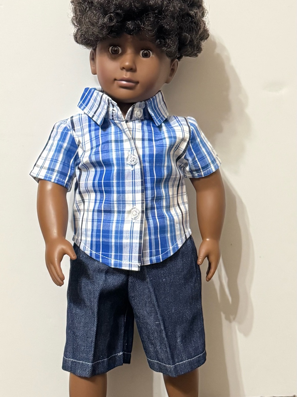 Our Generation Boy Doll Blue Plaid Shirt & Denim Shorts Outfit